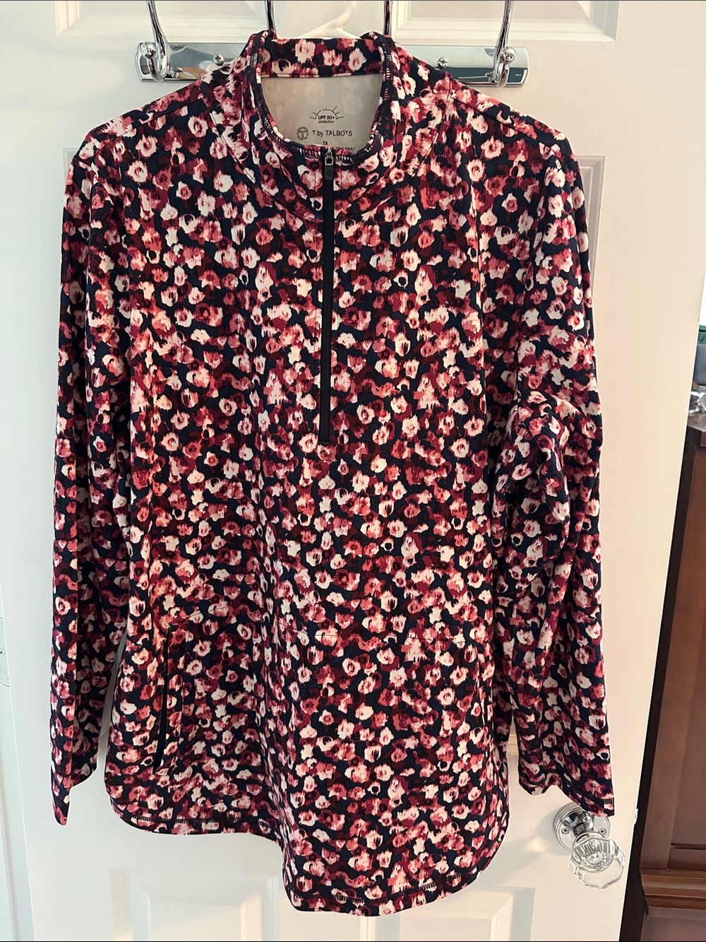 Talbots Pink Floral Half-Zip Pullover with Dark Blue Accents 1X w/ front pocket